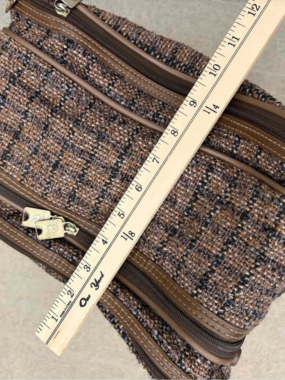 Vintage Oleg Cassini Tweed Travel Bag Suitcase Brown Weekender Shoulder Strap